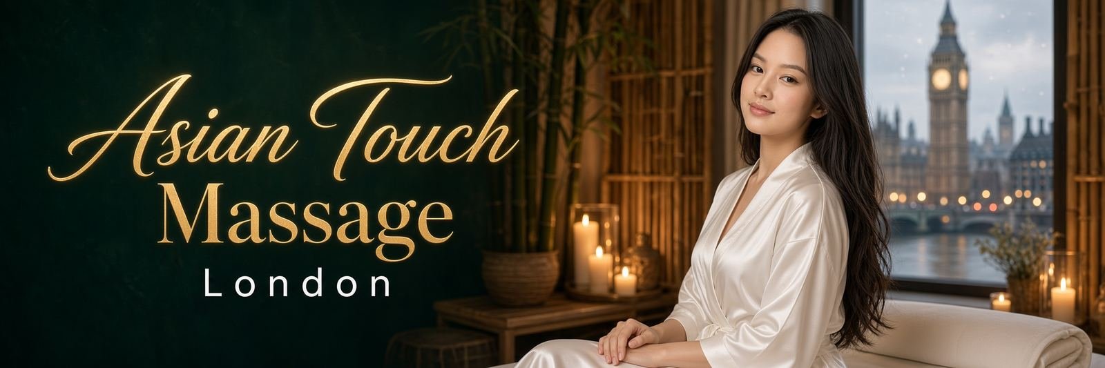 Asian Touch Massage London hero banner — Asian therapist in white silk robe with spa candles and Big Ben skyline at dusk